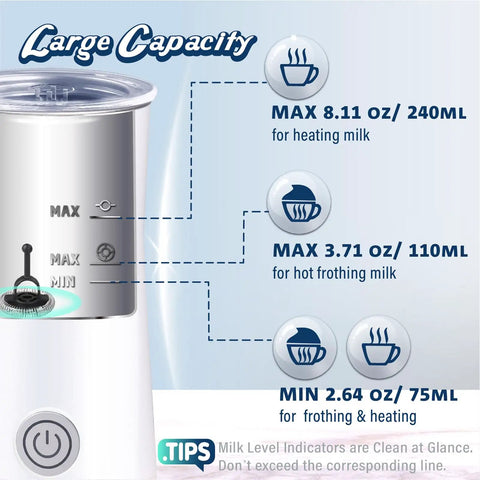 Close-up of 2 In 1 Milk Frother And Steamer For Lattes And More with dual whisk heads, showing capacity indicators for frothing and heating milk.