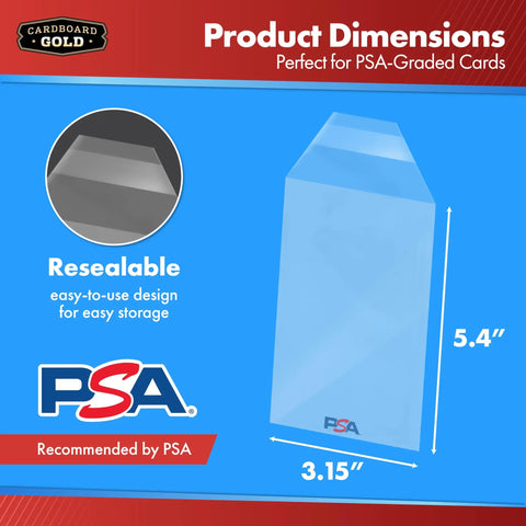 PSA Logo Slab Sleeves Pack Of 50 With Resealable Design for precise fit, 5.4" x 3.15" clear, tear-resistant sleeves for PSA graded cards.