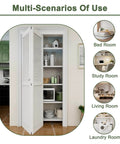 White bifold door open to reveal a pantry with shelving, suitable for bedrooms, study rooms, living rooms, and laundry rooms.