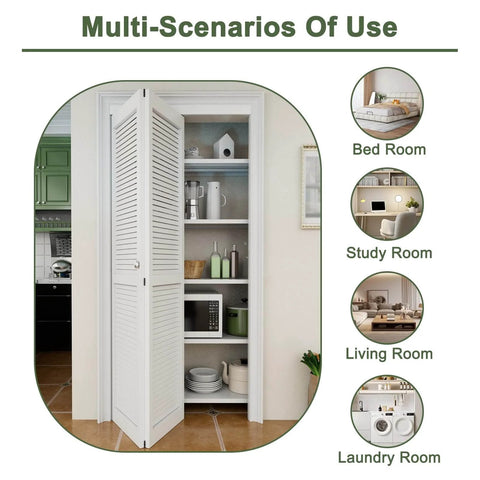 White bifold door open to reveal a pantry with shelving, suitable for bedrooms, study rooms, living rooms, and laundry rooms.