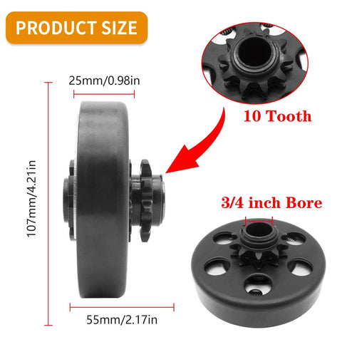 Beefy Centrifugal Go Kart Clutch Three Quarters Inch Bore Ten Tooth Fits 40 41 420 Chain For Predator 212 Engines with size details