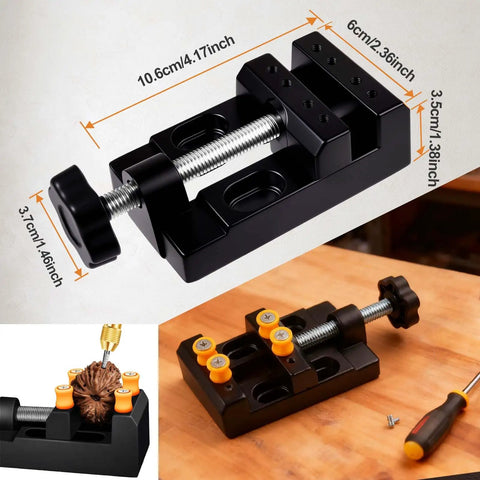 Knockout Mini Bench Clamp With Hella Grippy Superior Aluminum Alloy Vise and Full Accessory Pack for precise work, measuring 10.6x6x3.5cm.