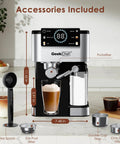 Home Barista Espresso Machine With 20 Bar Pressure And Integrated Milk Frother For Silky Cappuccino with coffee accessories on kitchen counter.