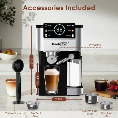 Home Barista Espresso Machine With 20 Bar Pressure And Integrated Milk Frother For Silky Cappuccino with coffee accessories on kitchen counter.