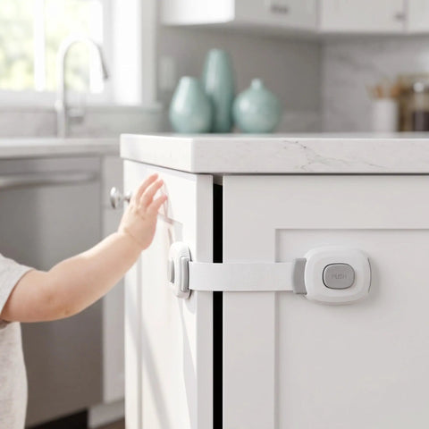 Baby hand near cabinet with 10 Pack Child Safety Cabinet Locks Easy Install Plastic Latches For Cabinets Drawers Fridge Oven Kitchen