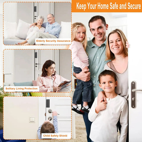 Family in home setting using Heavy Duty Door Reinforcement Lock For Inside Use Upgraded Front Door Security For Kids Withstand 800 Lbs Of Force Child Proof Door Lock Extra Barrier From Inside 2 Pack Black