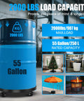 Blue 55-gallon drum on a black heavy-duty drum dolly with four swivel casters and two brakes.
