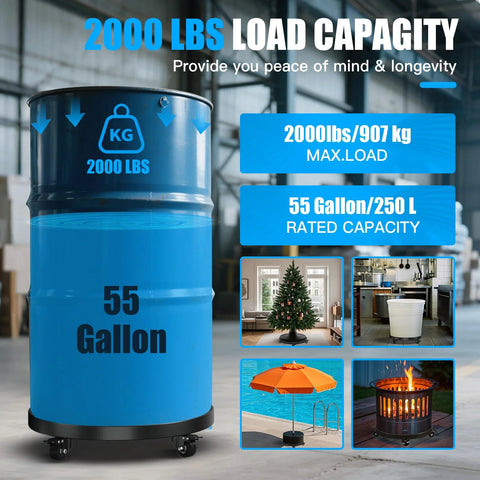 Blue 55-gallon drum on a black heavy-duty drum dolly with four swivel casters and two brakes.