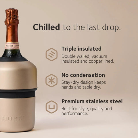 Ultra Efficient Iceless Champagne Chiller With Detachable Stopper Keeps Wine Cold Up To 6 Hours, showing triple insulation.