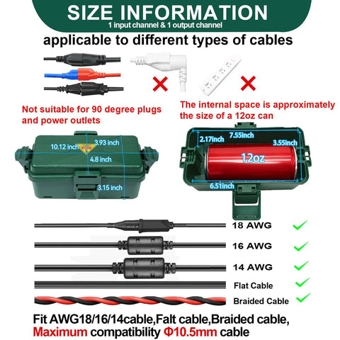 Heavy Duty Outdoor Electrical Box With Weatherproof Snap Cover Fits Garden Adapters And Extension Cords, size details and cable compatibility.