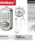 Keyless Mechanical Deadbolt Door Lock With Keypad Zinc Alloy Construction Sabbath Lock For Shabbos, dimensions and keys shown.