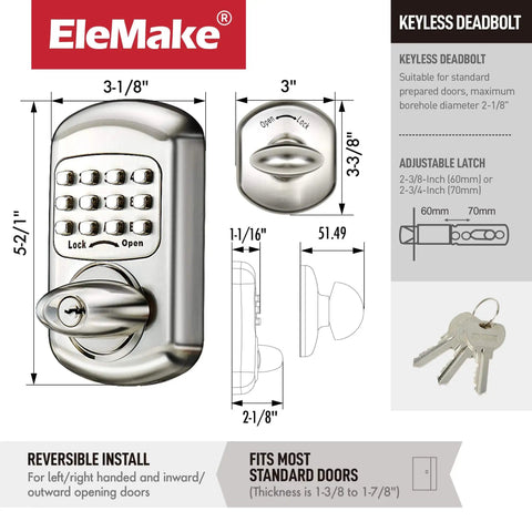 Keyless Mechanical Deadbolt Door Lock With Keypad Zinc Alloy Construction Sabbath Lock For Shabbos, dimensions and keys shown.
