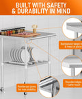 Stainless Steel Prep Table 30 By 30 with Adjustable Undershelf Backsplash and Wheels, showing dishes and ingredients on shelf.