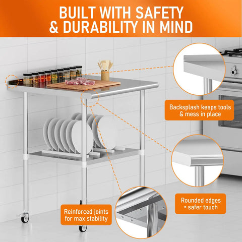 Stainless Steel Prep Table 30 By 30 with Adjustable Undershelf Backsplash and Wheels, showing dishes and ingredients on shelf.