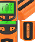 For Stud Finder Wall Scanner, 5-in-1, LCD Display, Center Finder, Backlit showing control panel with buttons and green display.