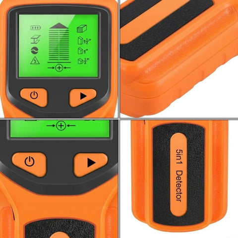 For Stud Finder Wall Scanner, 5-in-1, LCD Display, Center Finder, Backlit showing control panel with buttons and green display.