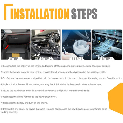 Installation steps for Straight Up Front Hvac Heater Blower Motor For Toyota Corolla Matrix Rav4 700230 with visual guides.