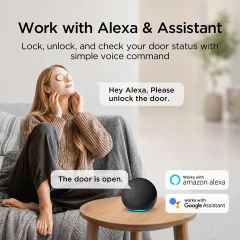 Woman relaxing on a couch using voice commands with a smart speaker for Next Level Palm Vein Smart Lock With Heavy Duty Deadbolt For Secure Front Doors Bringing Smooth Zero Delay Access And Reliable Keyless Entry That Cuts Out Fingerprint Frustration.