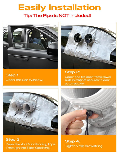 Portable Car Window Air Conditioner Kit with Magnetic Seal and Rainproof Drawstring tool-free install steps on a sedan.