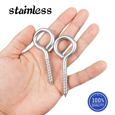 Person holding 10 Pack 3.2 Inch Heavy Duty Screw Eyes Hooks For Securing Cables And Wires Indoor Outdoor Use Zinc Plated Carbon Steel