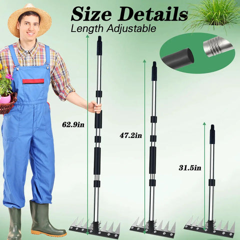 Sturdy Stainless Steel Weeding Tool With 8 Tines And Adjustable Length Handle showing size options at 62.9in, 47.2in, and 31.5in
