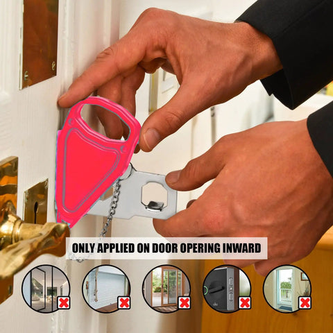 Person demonstrating Heavy Duty Portable Door Lock Hella Solid Travel Self Defense Security Device Rust Resistant Stainless Steel