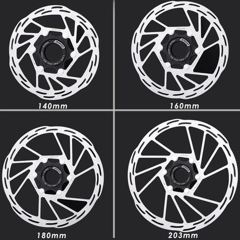 Comparison of 140mm, 160mm, 180mm, and 203mm disc brake rotors. Focus on 160mm Centerlock Disc Brake Rotor With Locking, 1.8mm Thickness, 2 Pack For Bikes.