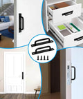 Collage featuring 5 Inch Black Barn Door Handles 2 Pack Premium Aluminum Alloy Cabinet Pull Handles With Screws showcased on doors and drawers.
