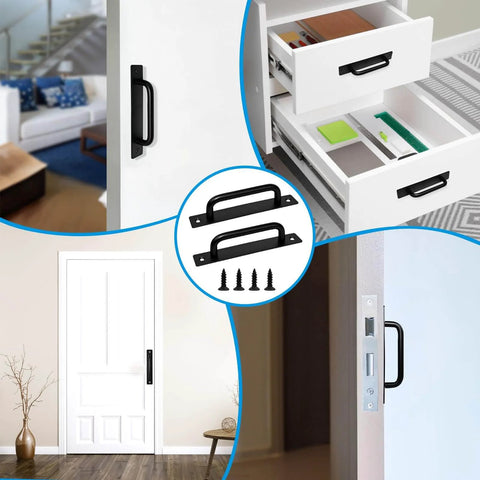 Collage featuring 5 Inch Black Barn Door Handles 2 Pack Premium Aluminum Alloy Cabinet Pull Handles With Screws showcased on doors and drawers.