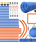 Go-To Dog Agility Training Equipment Kit, 60-Piece Obstacle Course Starter Set with tunnel, hurdles, and storage bag layout