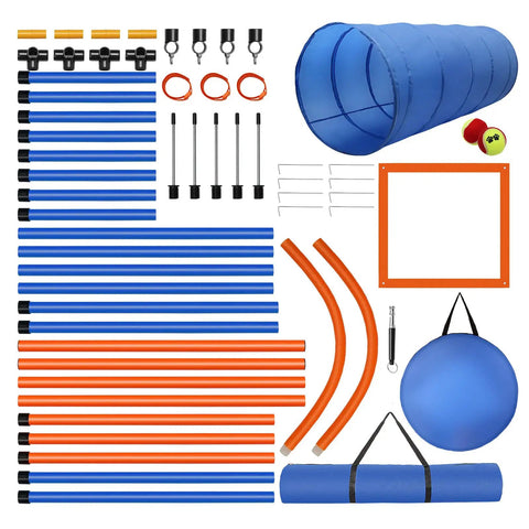 Go-To Dog Agility Training Equipment Kit, 60-Piece Obstacle Course Starter Set with tunnel, hurdles, and storage bag layout