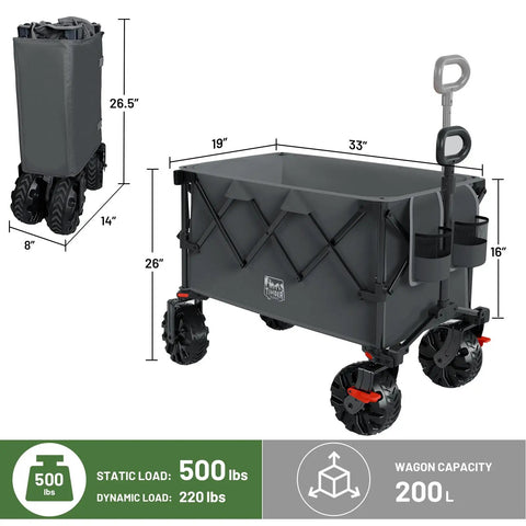 Heavy Duty Collapsible Folding Wagon With Brakes And Cup Holders All Terrain Wheels 500 Pound Load Utility Cart Grey