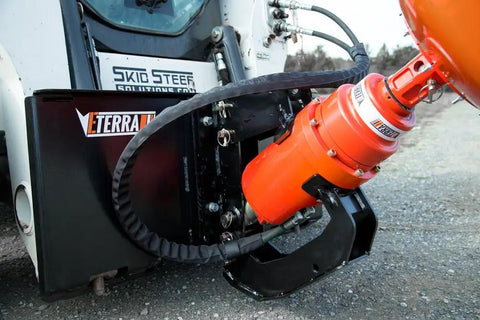 Close-up of Beefy Flip Mount Auger Attachment With Mixer Bowl For Skid Steer Loaders ET 3500 Drive 10 25 GPM Torque 1161 To 2666 Ft Lb Works With 4 To 48 Inch Auger Bits, mounted on vehicle.