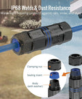 Outdoor IP68 Cat6 Shielded Ethernet Coupler 6 Pack Waterproof RJ45 Connector For CAT5E CAT5 Rugged Weatherproof Ethernet Extender For IP Cameras And PoE Devices 3.2in shown with blue cable and IP68 dust resistance