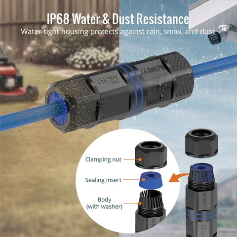 Outdoor IP68 Cat6 Shielded Ethernet Coupler 6 Pack Waterproof RJ45 Connector For CAT5E CAT5 Rugged Weatherproof Ethernet Extender For IP Cameras And PoE Devices 3.2in shown with blue cable and IP68 dust resistance