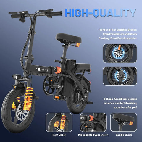 Foldable Electric Bike For Adults And Teens With 740W Peak Motor 48V 10Ah Removable Battery 20 MPH Top Speed And 30 To 35 Mile Pedal Assist Range A Compact 14 Inch Folding E Bike For Daily Commute side view with suspension features