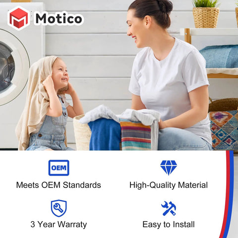 Motico washer lid lock switch in packaging; compatible with Whirlpool, Kenmore, Maytag, Amana, Crosley; 3-year warranty