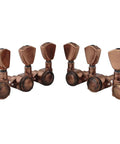 Guitar Locking Tuners Set 3L 3R Rear Lock, Gear Ratio 1 to 21, Trapezium Handle, Antique Bronze, Sealed Housings, 10mm Headstock, Easy String Tension Adjustment, Replacement Machine Heads for Electric Folk Acoustic Guitars arranged in a set