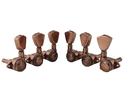 Guitar Locking Tuners Set 3L 3R Rear Lock, Gear Ratio 1 to 21, Trapezium Handle, Antique Bronze, Sealed Housings, 10mm Headstock, Easy String Tension Adjustment, Replacement Machine Heads for Electric Folk Acoustic Guitars arranged in a set