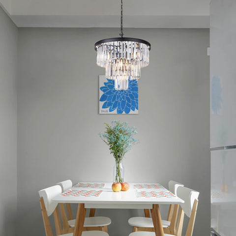 Modern Crystal Chandelier for Dining Room and Living Room, Black Round Pendant Light Fixture above dining table