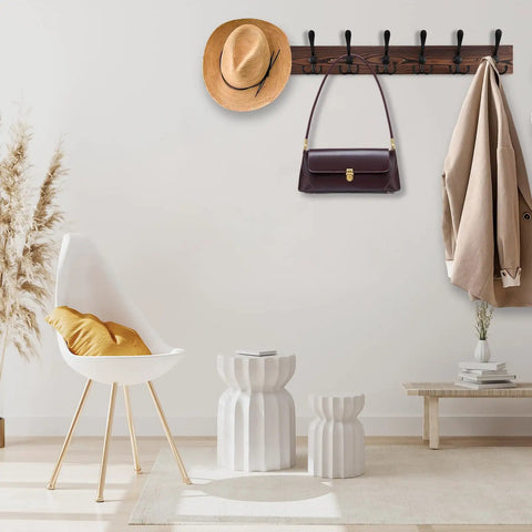 32.2 Inch Wall Mount Coat Rack With Eight Metal Hooks Built To Last, Rustic Brown Pine Wood Plank Hat Rack For Coats, Jackets, Hats And Bags