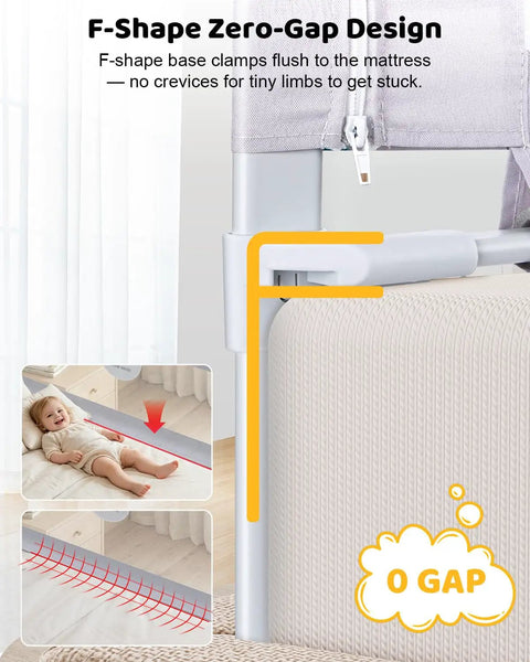 3 Piece Queen Size Toddler Bed Rails With Pocket And 360 Wraparound Protection Kidproof Lock showing F-shape zero-gap design.