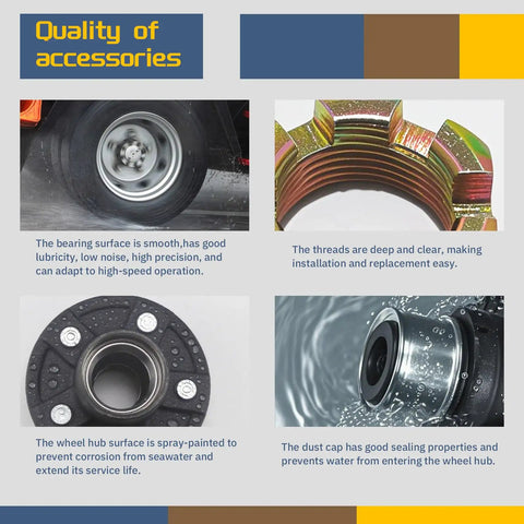 Two Pack Heavy Duty Trailer Hub Kit For 3500 Lb Trailers, components detailing including bearing, hub surface, threads, and dust cap.
