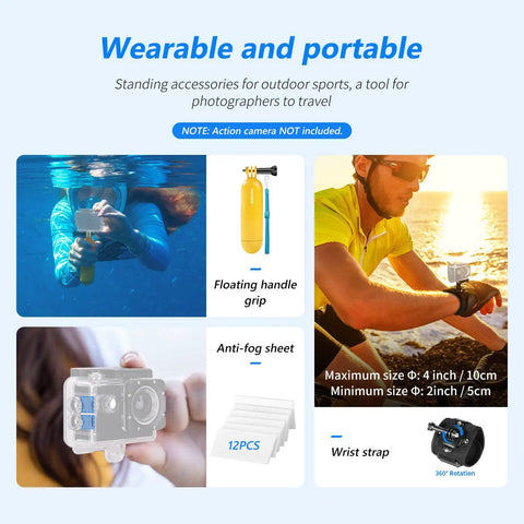Collage showcasing uses of 50 In 1 Action Camera Accessory Kit Compatible With GoPro Hero 12 11 10 9 DJI Osmo Action Insta360 X3 X2