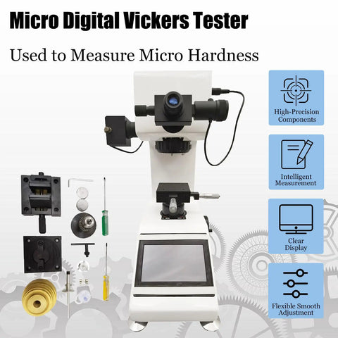 Real Deal Digital Vickers Hardness Tester Featuring Smooth Touchscreen Interface And Dead On Accuracy For Serious Micro Testing Tasks, with clear display and precision components.