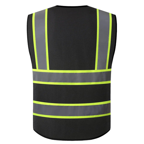 Heavy Duty High Viz Reflective Safety Vest For Men And Women Featuring All Day Comfy Breathable Mesh Top Shelf Construction Work Gear For Day And Night Visibility, back view with reflective strips.