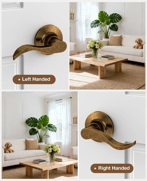 Vintage Brass Front Door Handle No Lock for Exterior Doors, left and right-handed installation view, brass finish