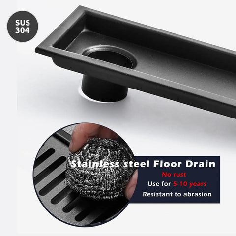 Two Pack 304 Stainless Steel Linear Floor Drain Grate With Built In Hair Catcher Heavy Duty Trench Drain Cover For Shower And Outdoor Use; close-up of drain with filter.