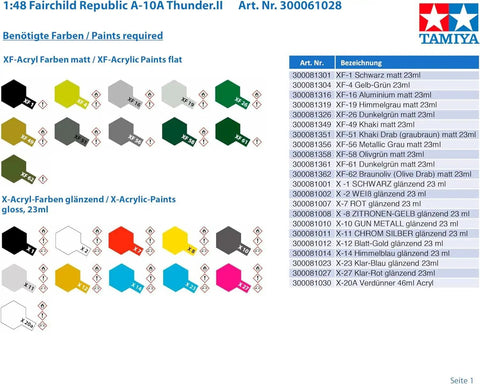 1/48 Scale A-10 Thunderbolt II Plastic Model Kit painting reference guide with Tamiya XF-Acrylic paint colors and numbers.