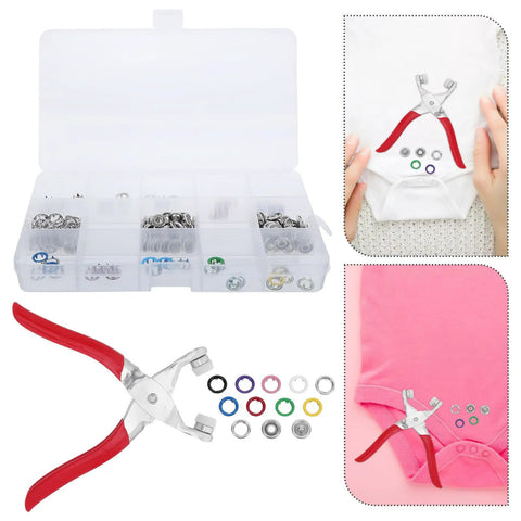 Sturdy Stainless Steel Snap Fasteners Kit Setter Tool With Five Claw Designed For Easy Garment Repairs And Craft Projects, This All In One Handy Fastener Installer Keeps Your Clothes Secure And Looking Fresh, red-handled kit with snaps